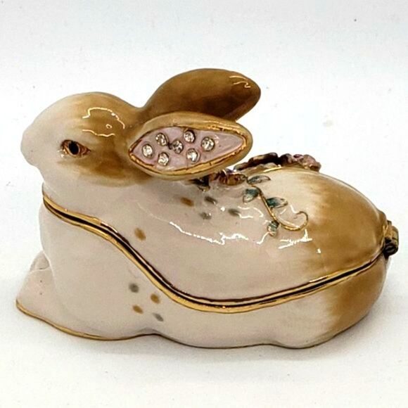 Enamel Vintage Floral Butterfly Bejeweled Rabbit Hinged Trinket Box - Picture 4 of 10